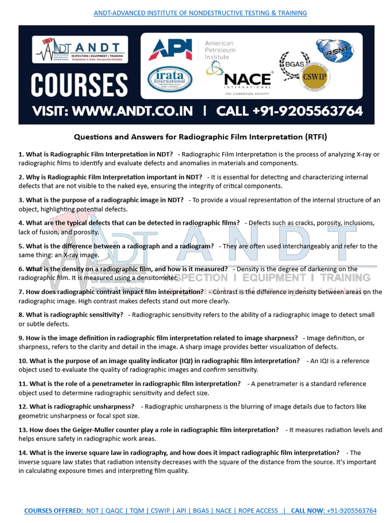 RTFI Question and Answer PDF Radiography Nondestructive Testing