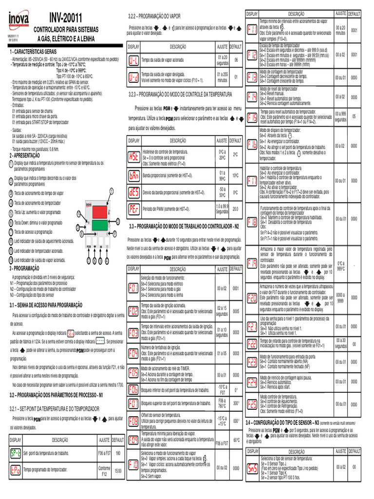 Manual do Controlador Inova INV-20011 | PDF | Temperatura | Parâmetro ...