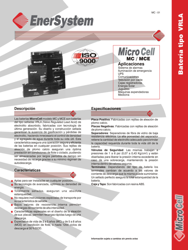 Baterías MicroCell MC y MCE VRLA | PDF | Electricidad | Batería ...