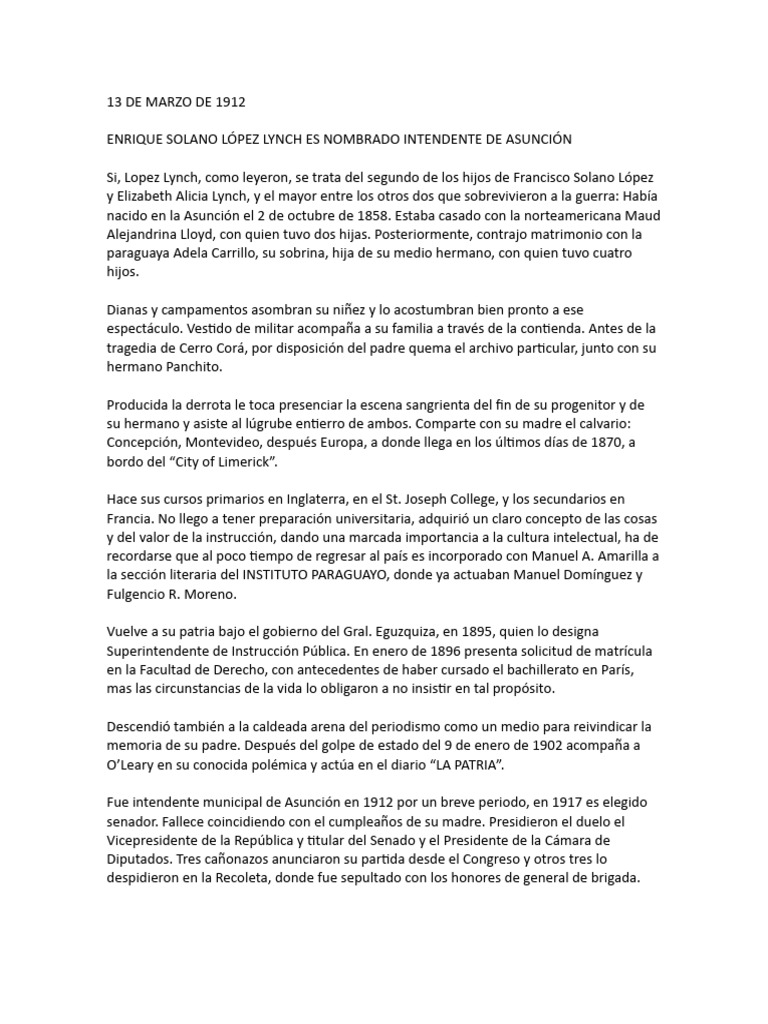 Enrique Solano López Lynch: Legado y Vida | PDF | Paraguay