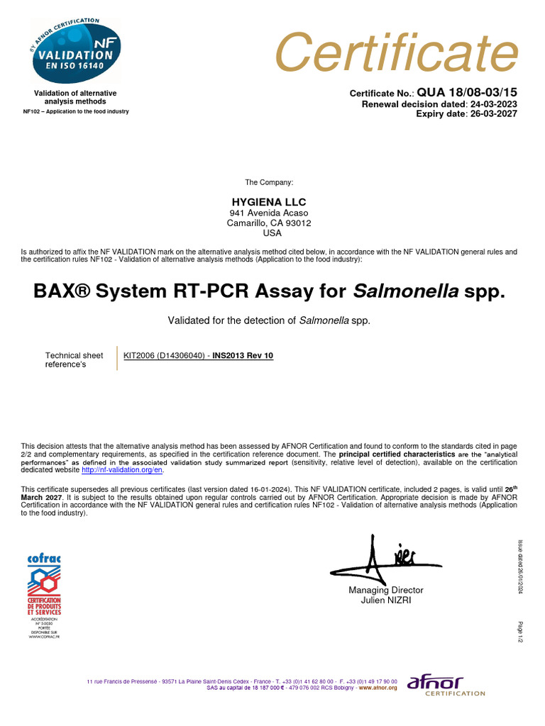 Bax System Real Time Salmonella Assay Afnor Certificate en | PDF
