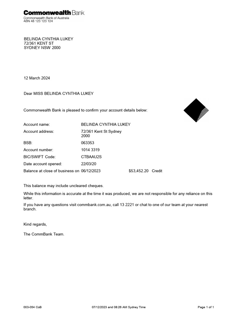 Commonwealth Bank Account Confirmation | PDF