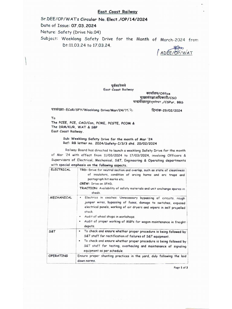 SR - DEE (OP) - WAT Circular No 14 - 2024 (Safety Drive No 04) | PDF