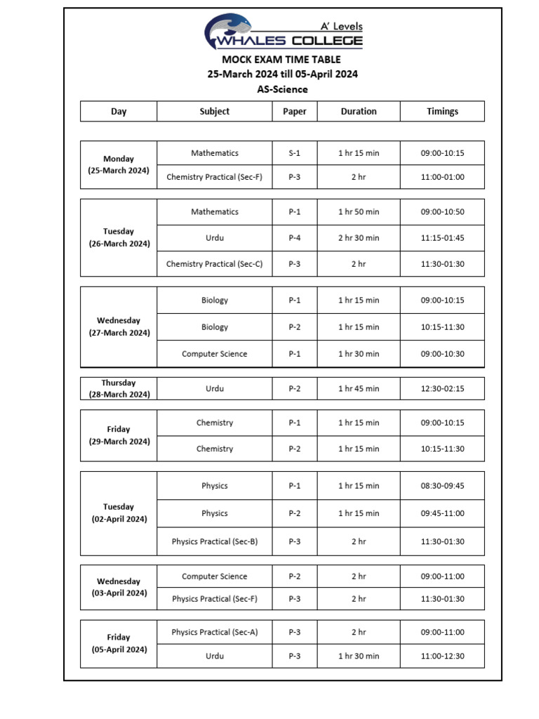 Mock Exam Schedule (AS-Science) | PDF
