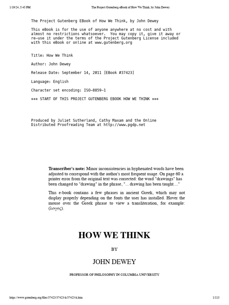 The Project Gutenberg Ebook of How We Think, by John Dewey | PDF ...