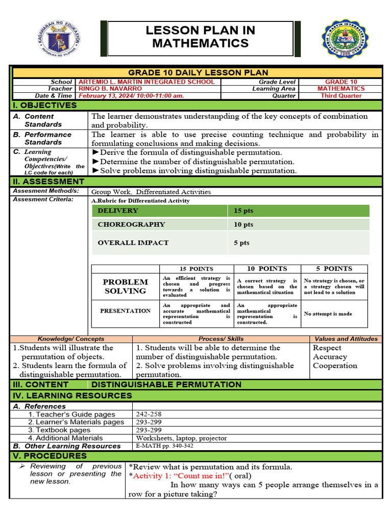 Grade 10 Math Lesson: Distinguishable Permutation | PDF | Educational ...