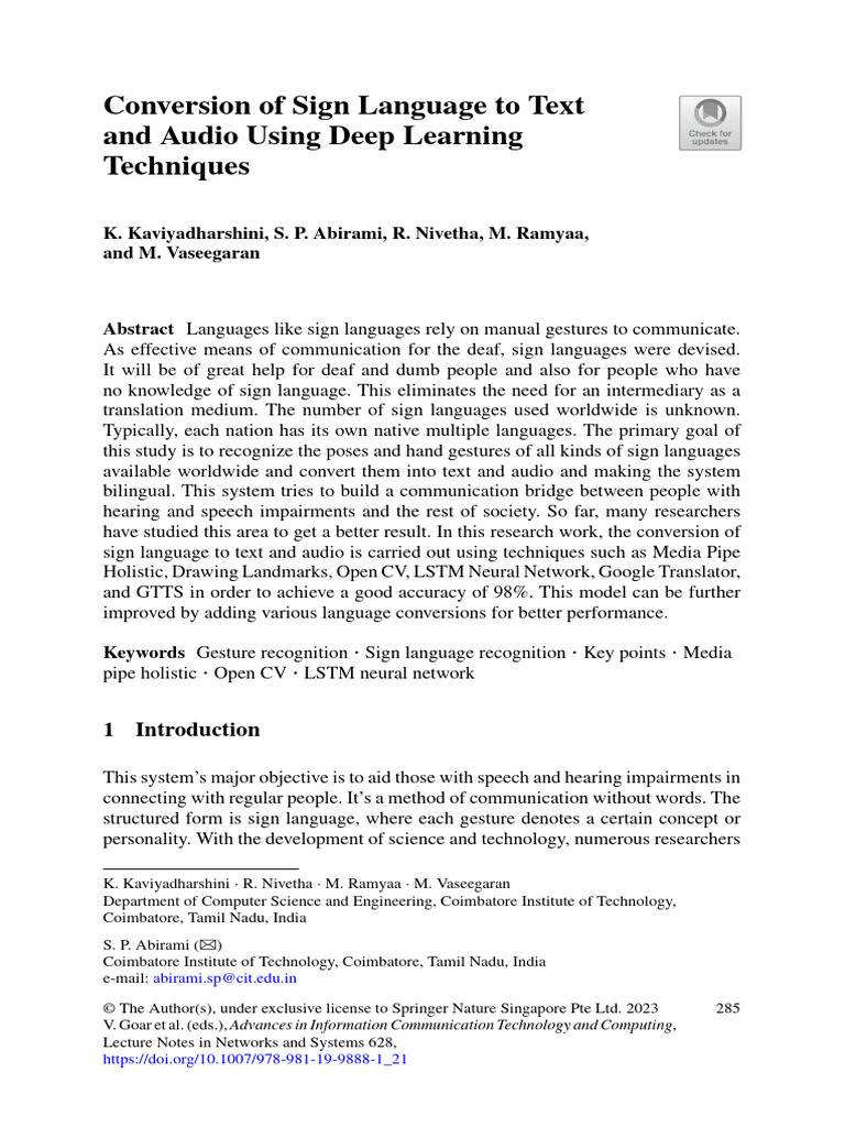Conversion of Sign Language To Text and Audio Using Deep Learning ...