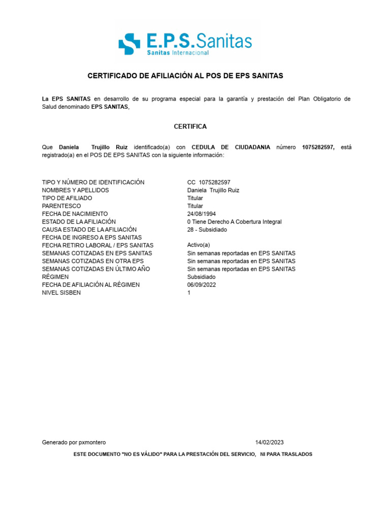 Certificado de Afiliación EPS Sanitas | PDF | Finanzas y dinero