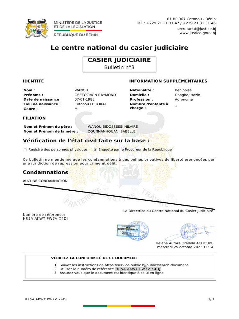 Bulletin n°3 du casier judiciaire au Bénin | PDF