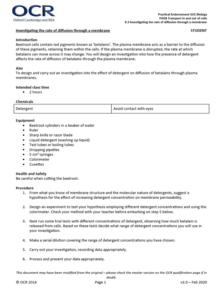 PAG8.3 Student Investigating Rate of Diffusion Through Membrane - v2.0 ...