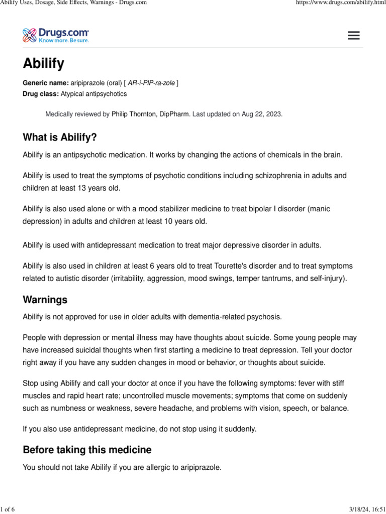 Abilify Uses, Dosage, Side Effects, Warnings | PDF | Antipsychotic ...