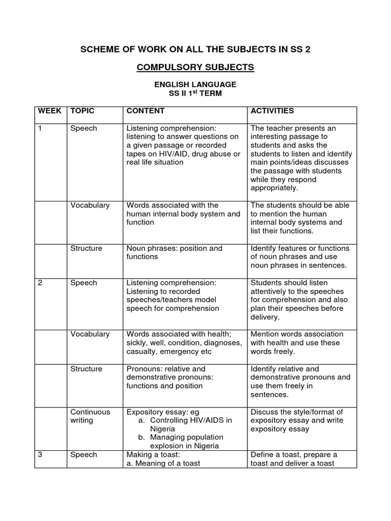 SS2 English Language Scheme of Work | PDF | Word | Reading Comprehension