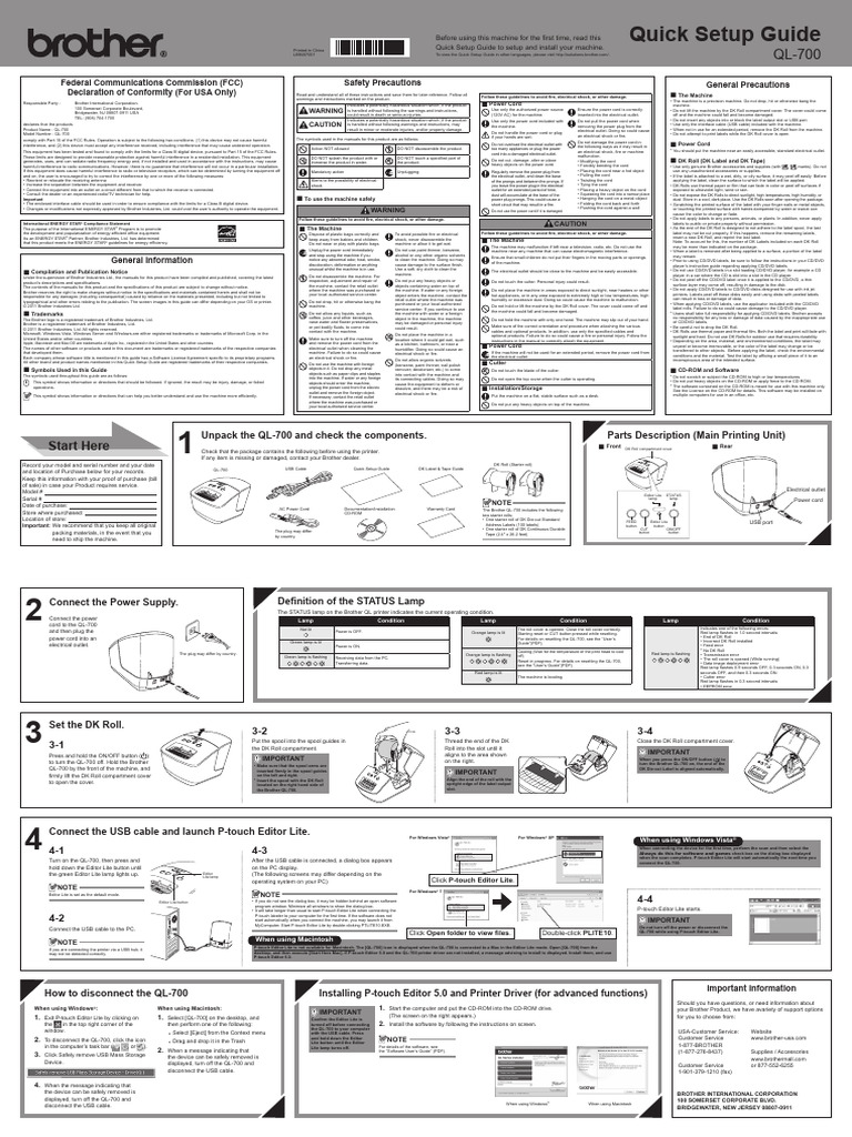 QL-700 Quick Setup and Safety Guide | PDF | Ac Power Plugs And Sockets ...