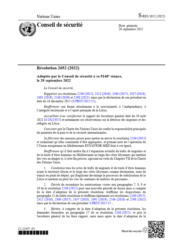 Résolution 2652 : Trafic de migrants en Libye | PDF | Conseil de ...