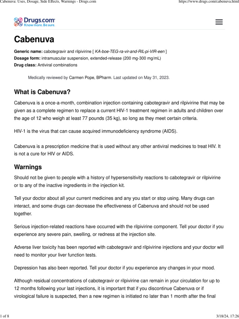 Cabenuva: Side Effects and Warnings | PDF | Hiv/Aids | Injection (Medicine)
