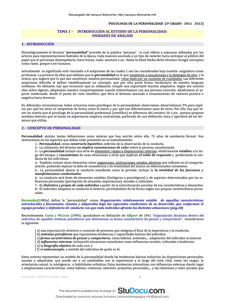 Apuntes Psicologia de La Personalidad Tema 1 Introduccion Al Estudio de ...