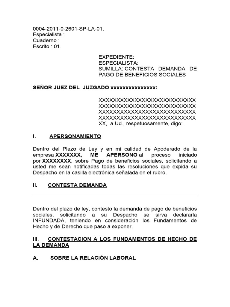 MODELO DE ESCRITO DE CONTESTACION DE DEMANDA | PDF | Demanda judicial ...
