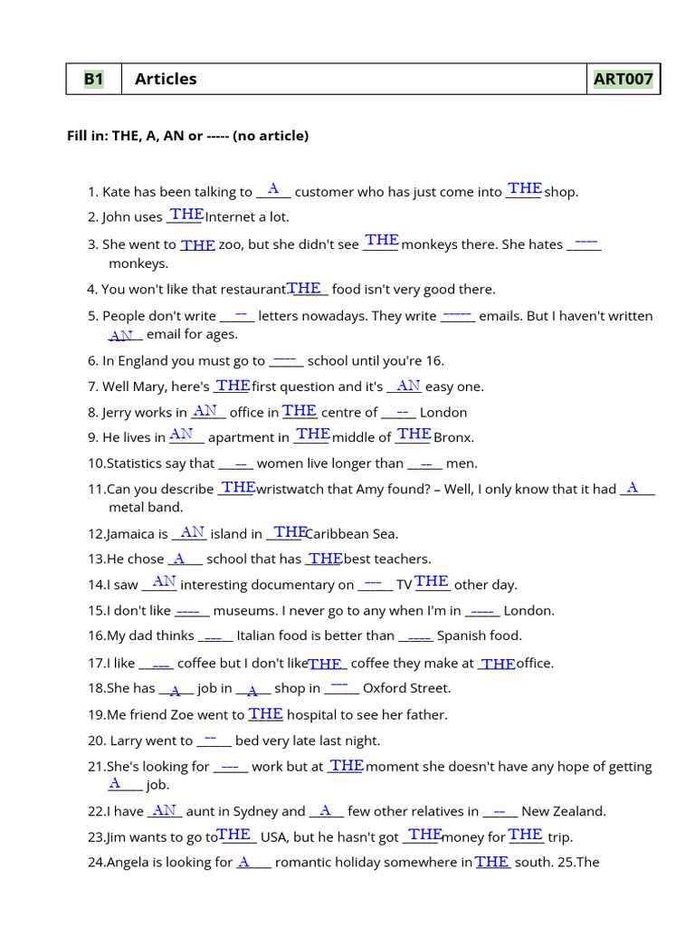 B1 Articles Worksheet and Answers | PDF
