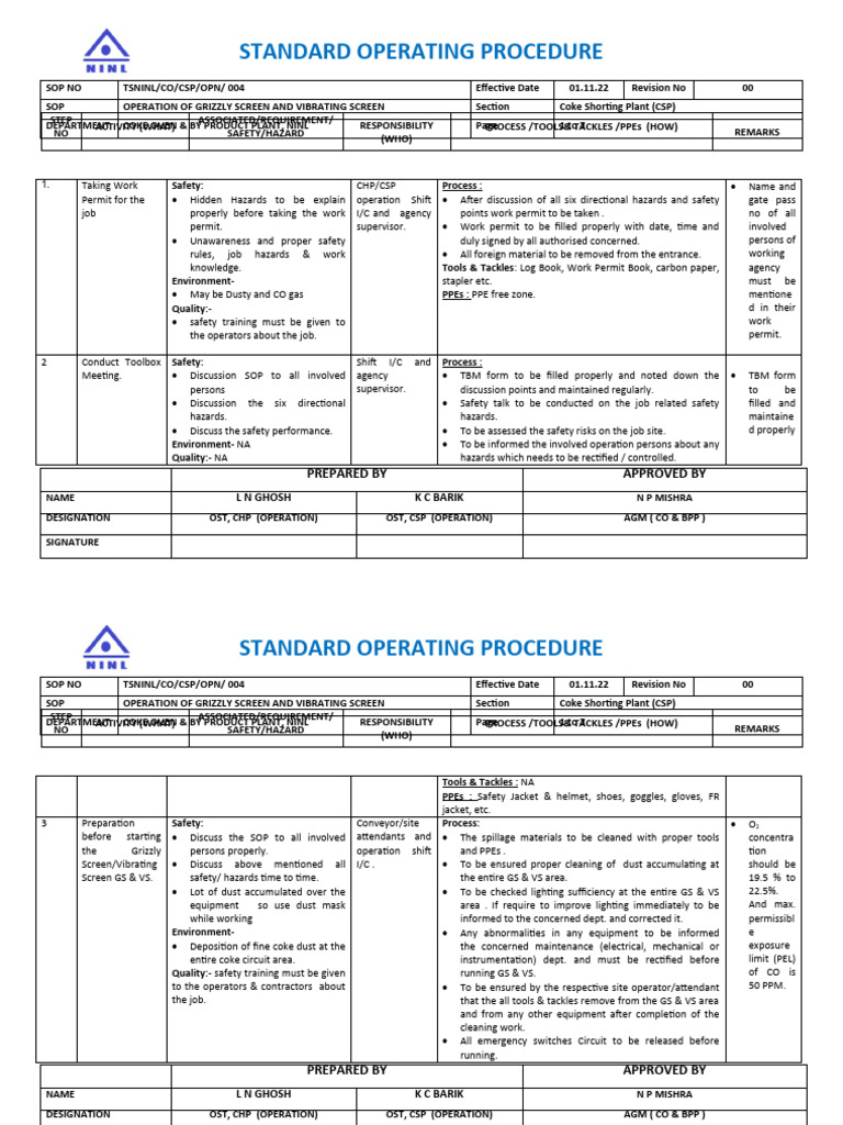 Grizzly & Vibrating Screen SOP Guide | PDF | Personal Protective ...