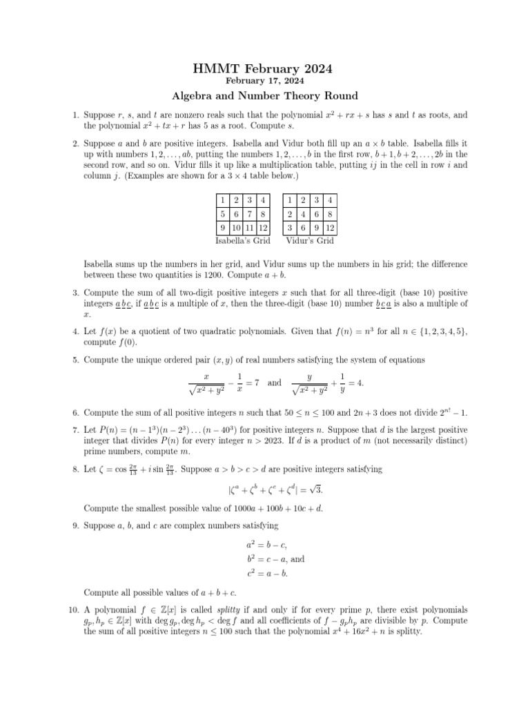 HMMT 24 | PDF | Polynomial | Numbers