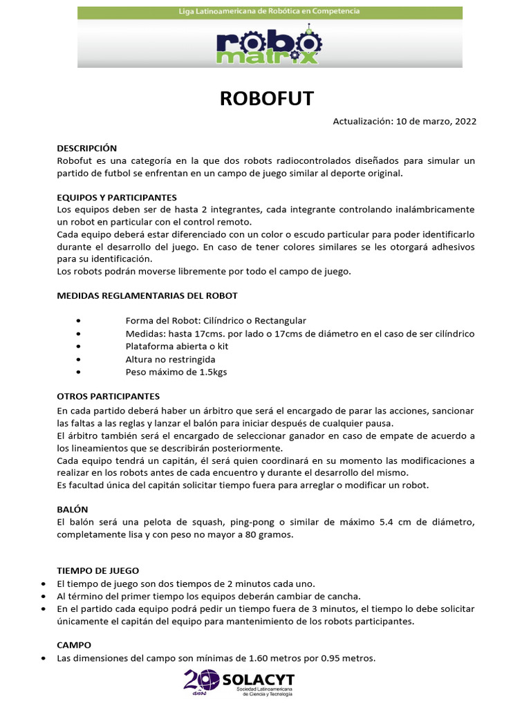 Reglas y detalles de Robofut | PDF | Robot | Robótica