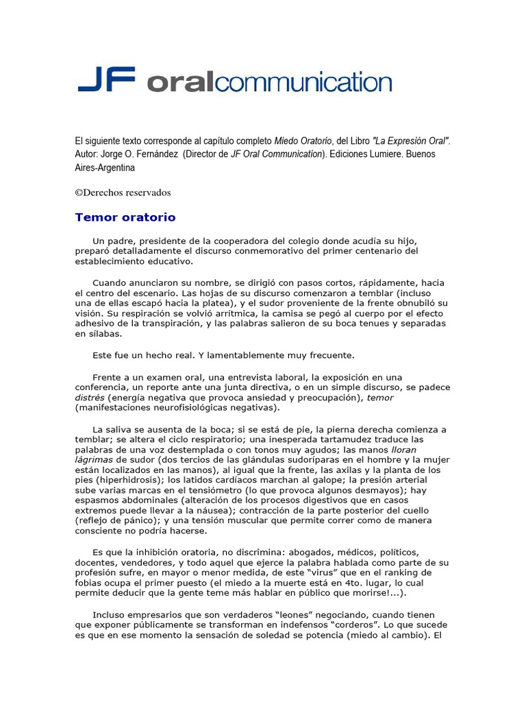 Miedo Oratorio PDF Las emociones Temor