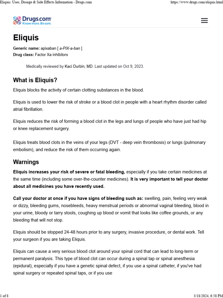 Eliquis uses dosage side effects information pdf thrombosis