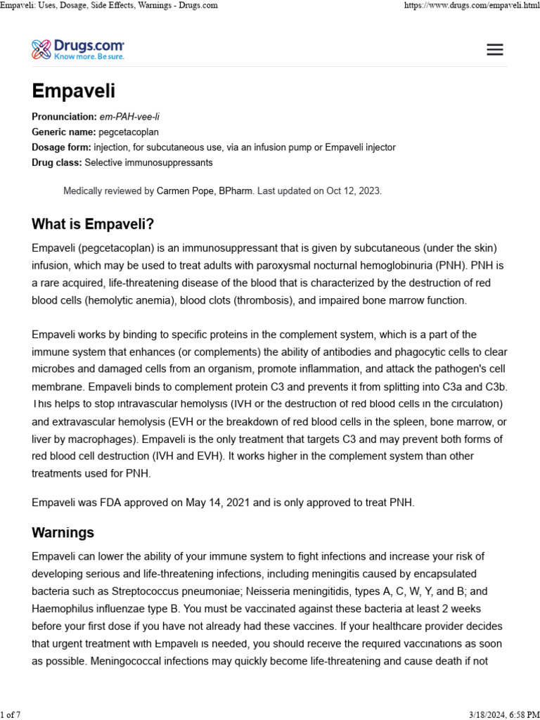 Empaveli uses dosage side effects warnings drugs pdf