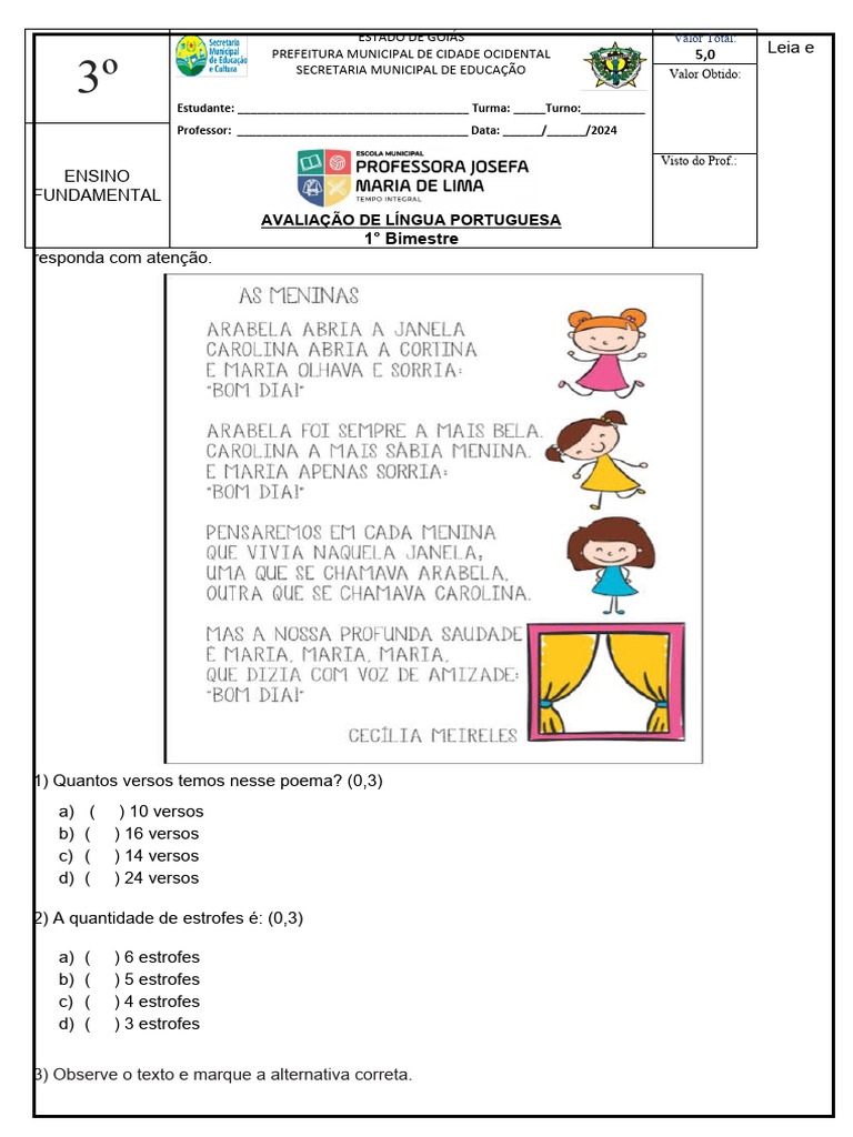 Avaliação de Língua Portuguesa 1º Bimestre | PDF