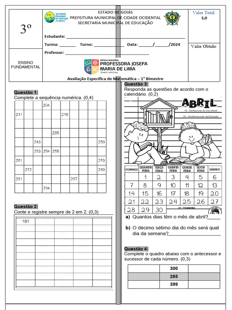 Avaliação de Matemática 3º Ano - 1º Bimestre | PDF