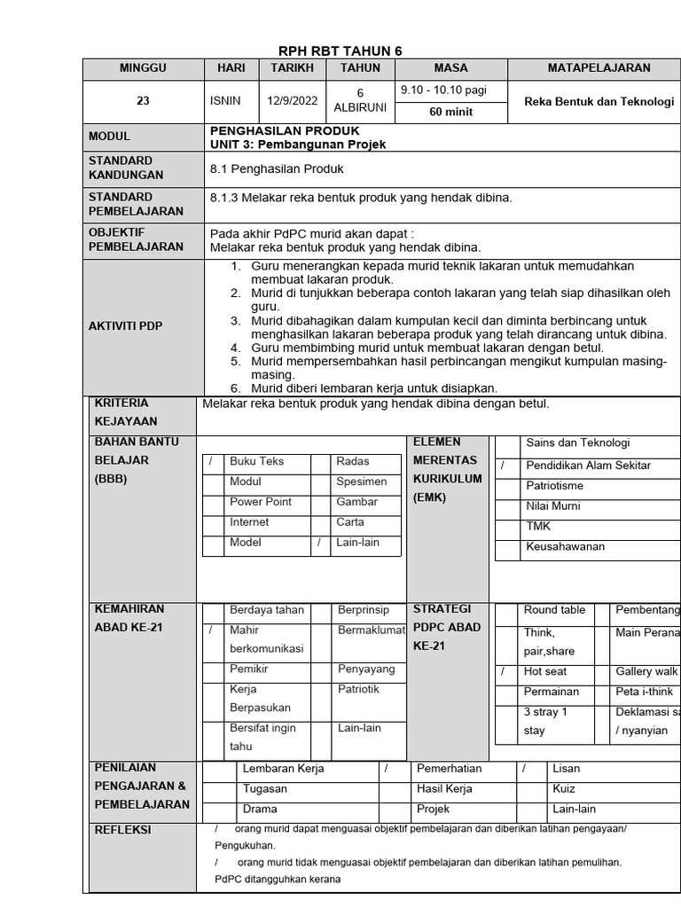 RPH RBT Tahun 6: Pembangunan Produk | PDF