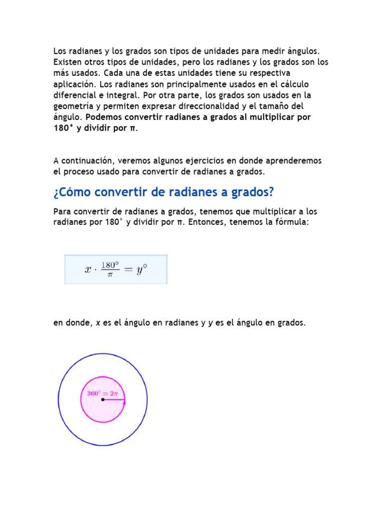 Conversión entre radianes y grados | PDF | Ángulo | Pi