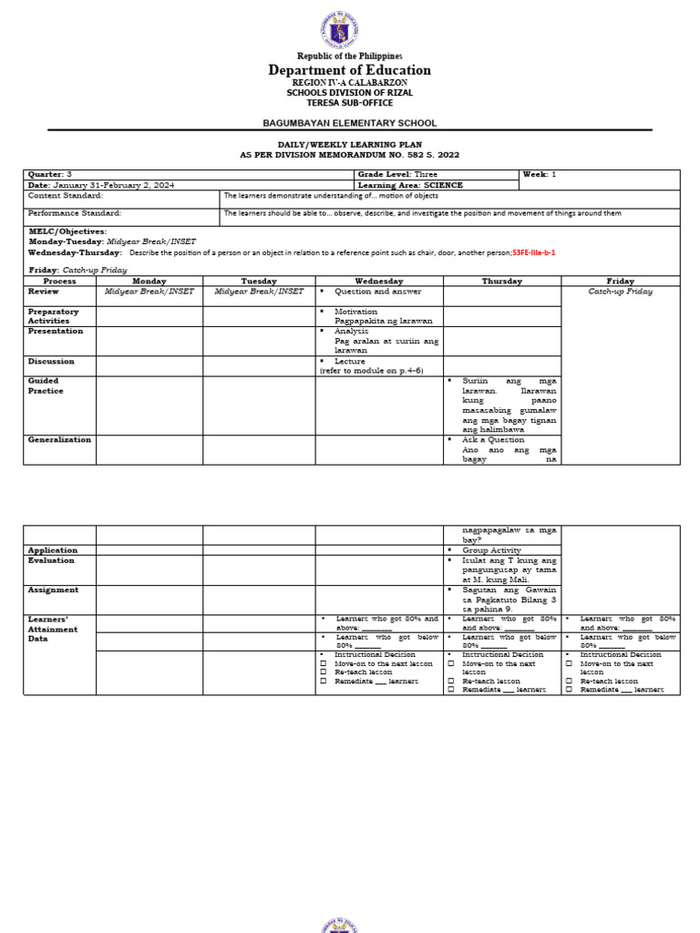 Grade 3 Weekly Learning Plan: Science & Culture | PDF | Cognitive ...