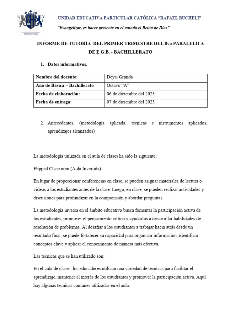 Informe de Tutoría 8vo Paralelo A EGB | PDF | Cognición | Modificación ...