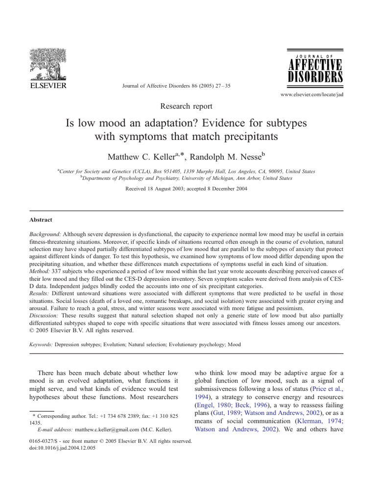 Low Mood as an Evolutionary Adaptation | PDF | Mood Disorders ...