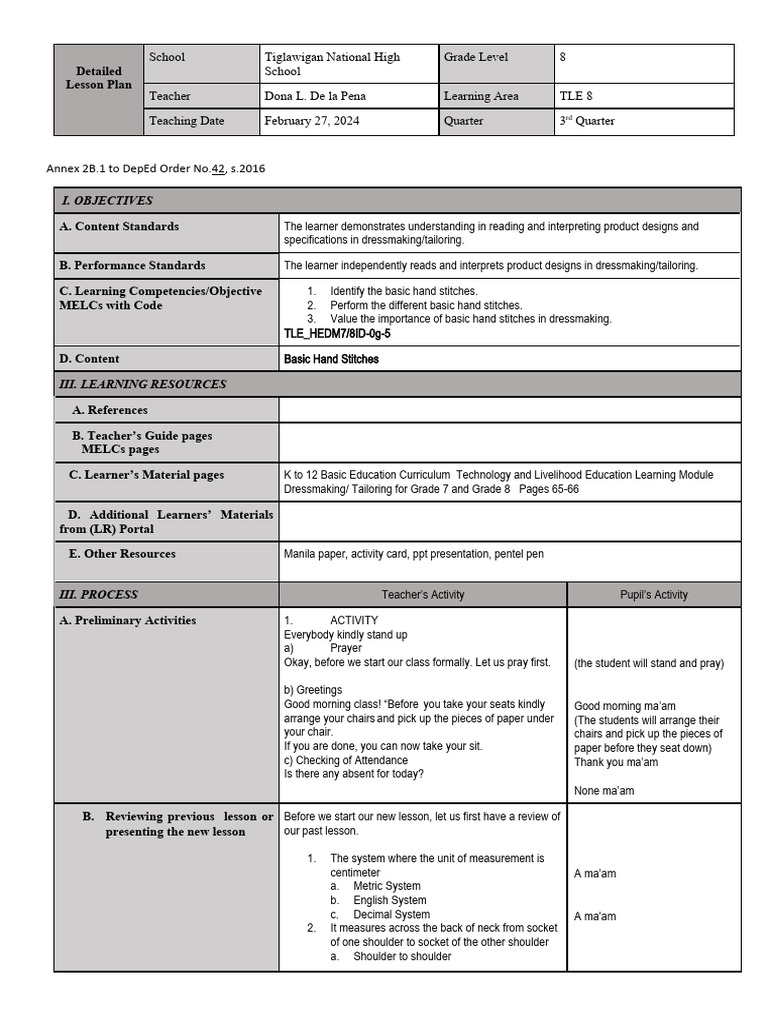 COT1-Detailed-Lesson-Plan | PDF | Textiles | Sewing