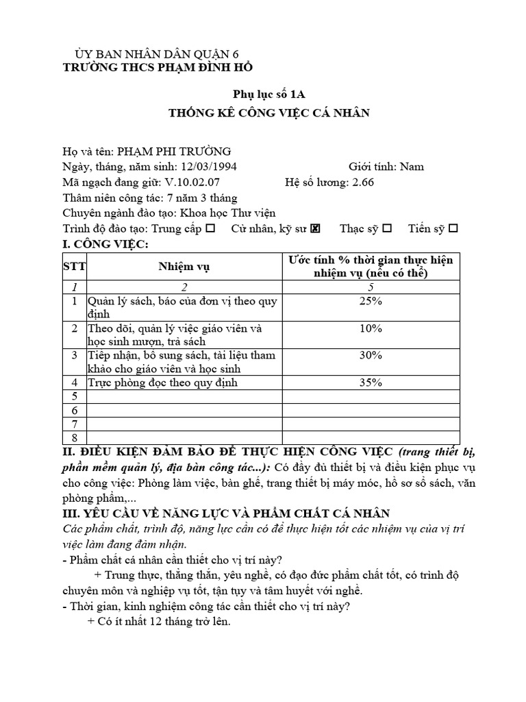 Mau - Phu Luc 1 Thong Ke Cong Viec Ca Nhan | PDF