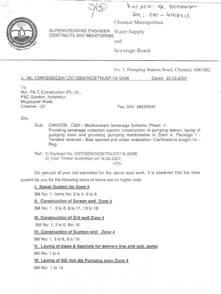 Cmwssb Madavaram Dept Letters Sanitary Sewer Water Management