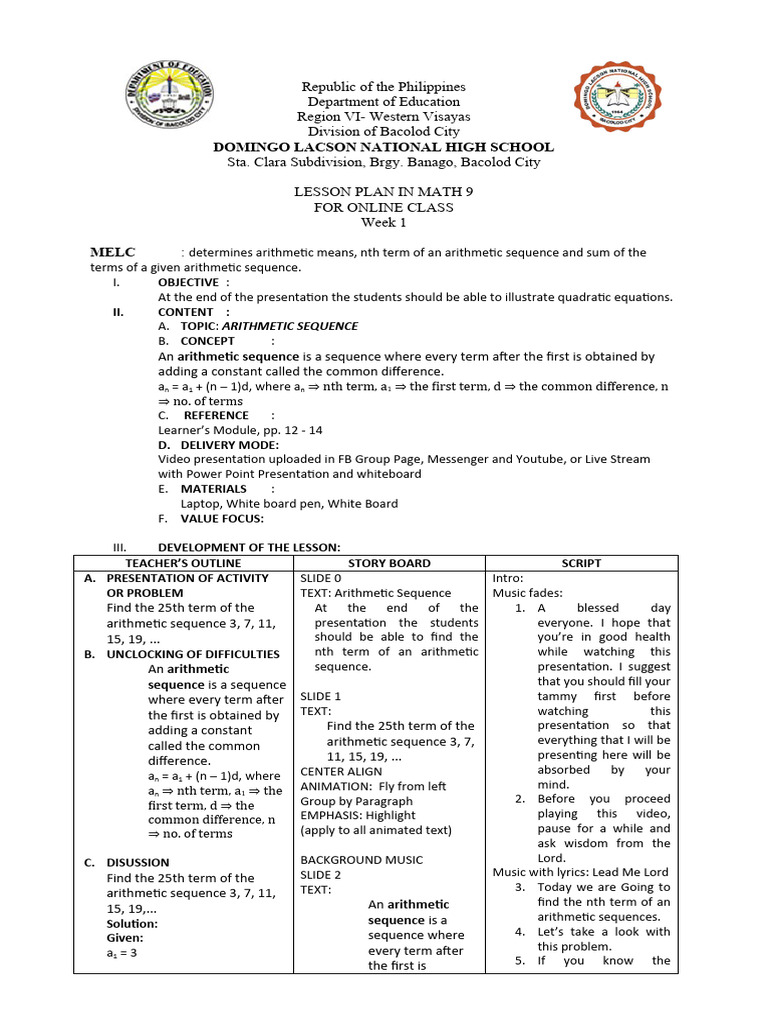 Math 9 Lesson Plan: Arithmetic Sequences | PDF | Mathematics