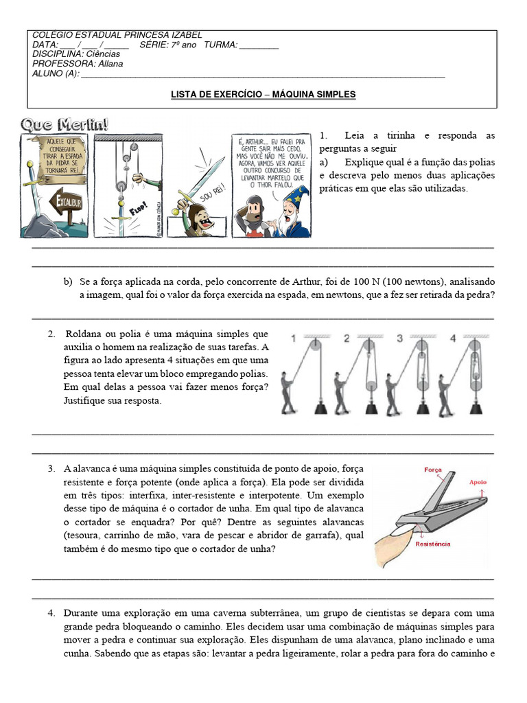 Exercícios sobre Máquinas Simples 7º Ano | PDF | Métodos e Materiais de ...