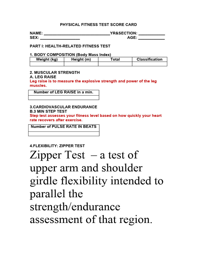 PHYSICALFITNESSTESTSCORECARD11 PDF Physical Fitness