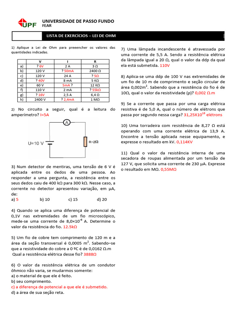 Exercícios Resolvidos da Lei de Ohm | PDF | Resistência elétrica e ...