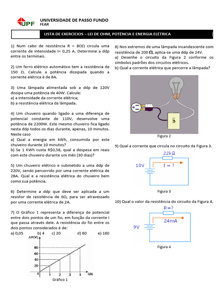 Exercícios sobre Lei de Ohm e Potência Elétrica | PDF
