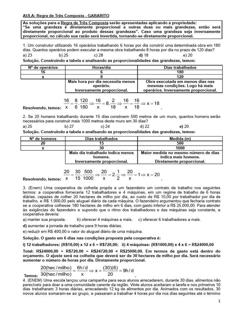 Exercícios Resolvidos de Regra de Três Composta | PDF | Métodos e ...
