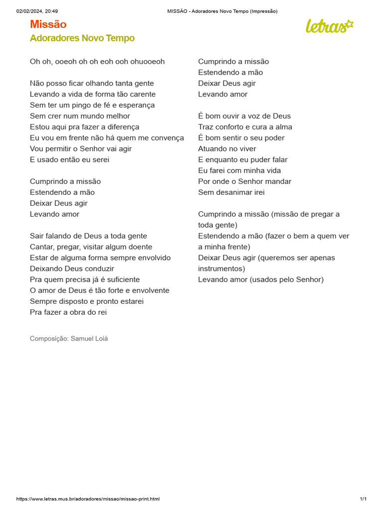 MISSÃO - Adoradores Novo Tempo | PDF