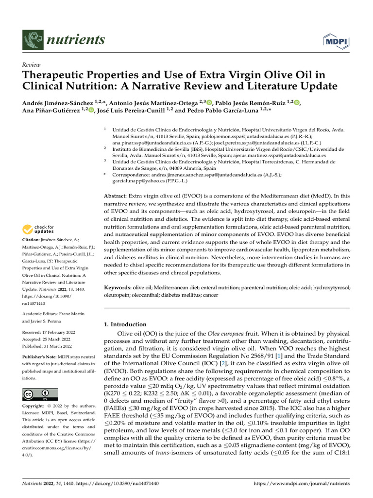 Therapeutic properties and use of extra virgin olive oil in clinical