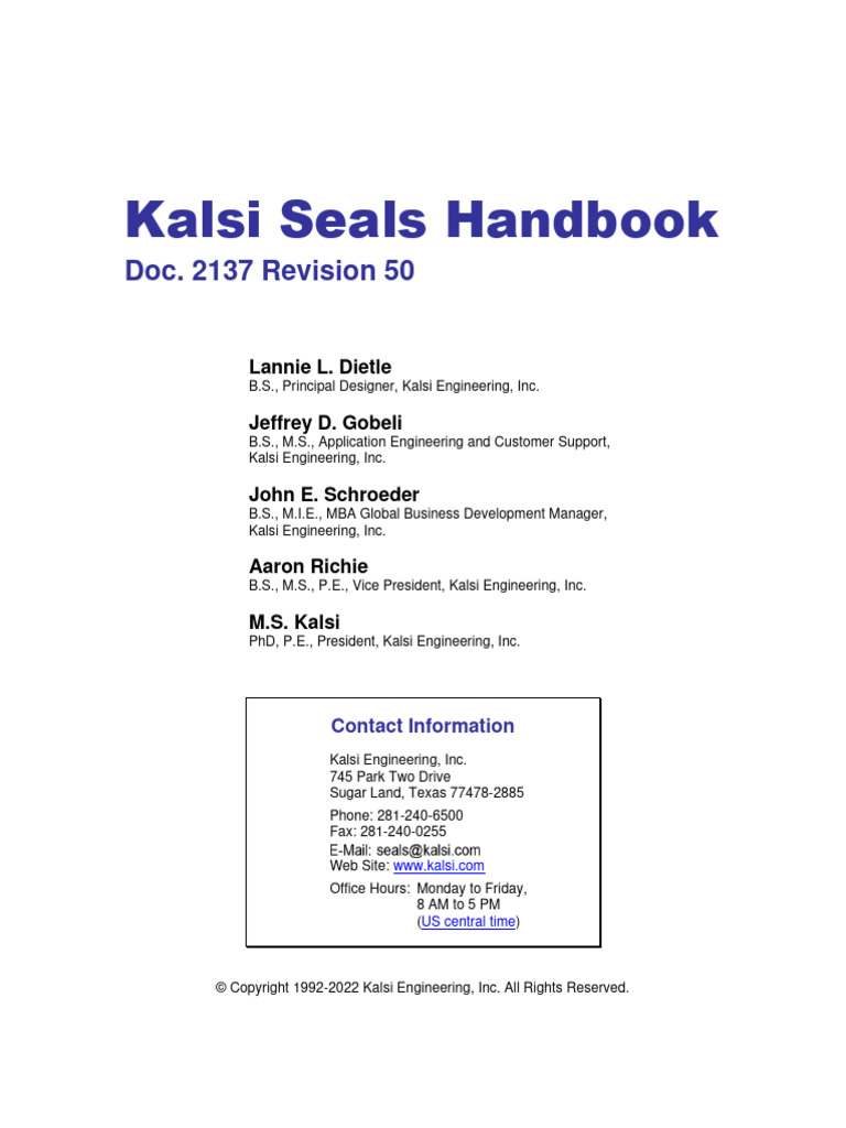 Front Matter Kalsi Seal Handbook Download Free PDF Legal Liability
