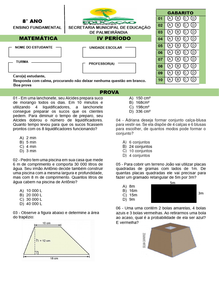 Prova Matematica 8 Ano Iv Periodo | PDF