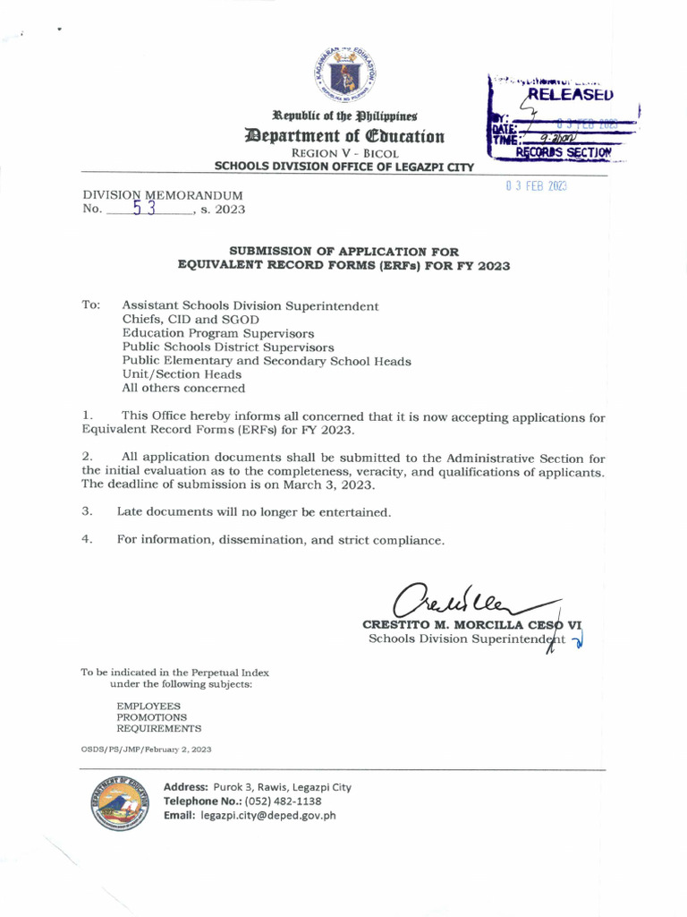 DM No. 53, S. 2023 Submission of Application For Equivalent Record ...