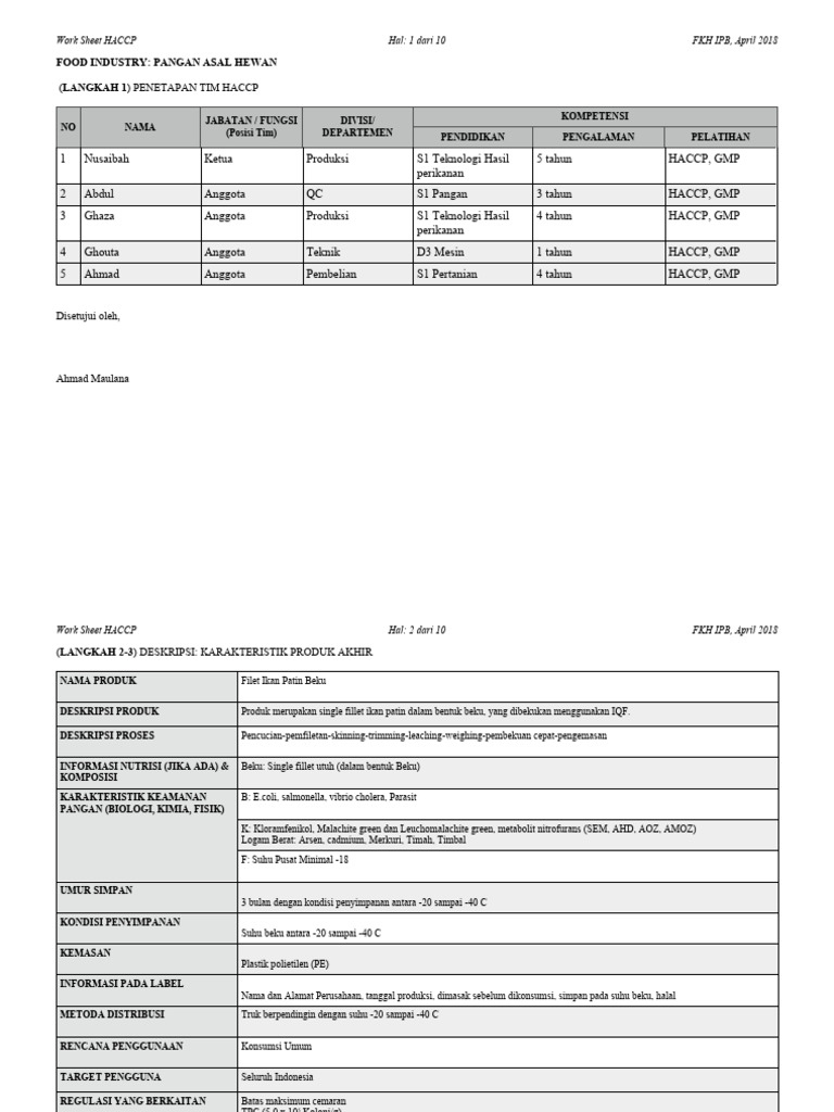 Worksheet Haccp Pdf